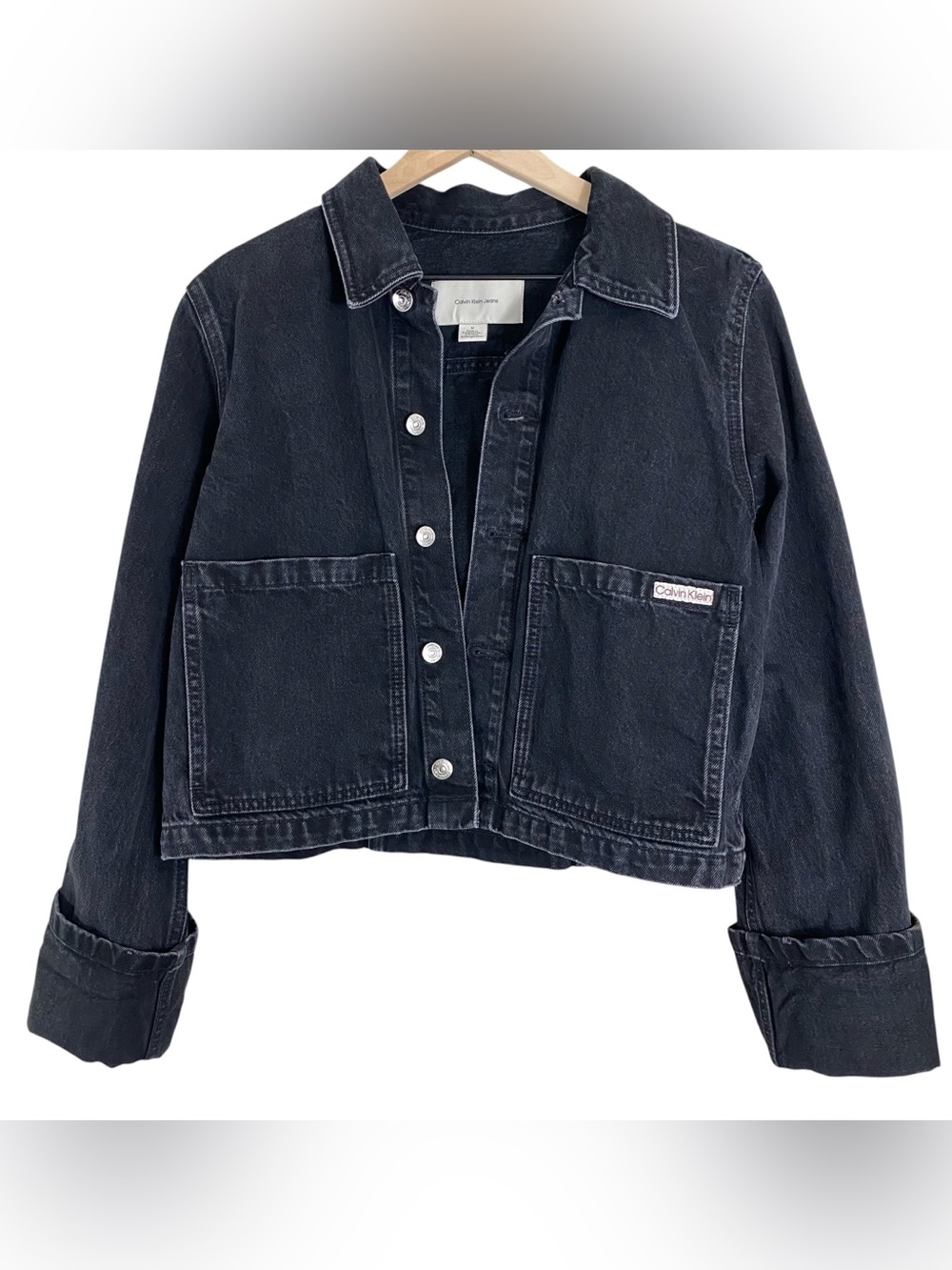 Calvin Klein Jeans Womens Cuff Sleeves Denim Jacket Sz Medium Black 100% Cotton